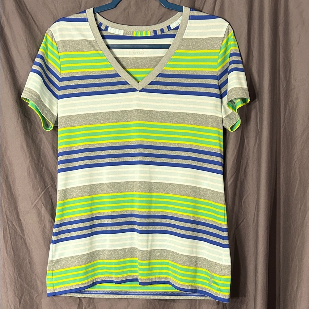 Reebok Striped V-Neck Athletic Tee - Blue, Green, Gray
